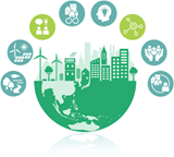 Stadt umrandet von Umweltsymbolen